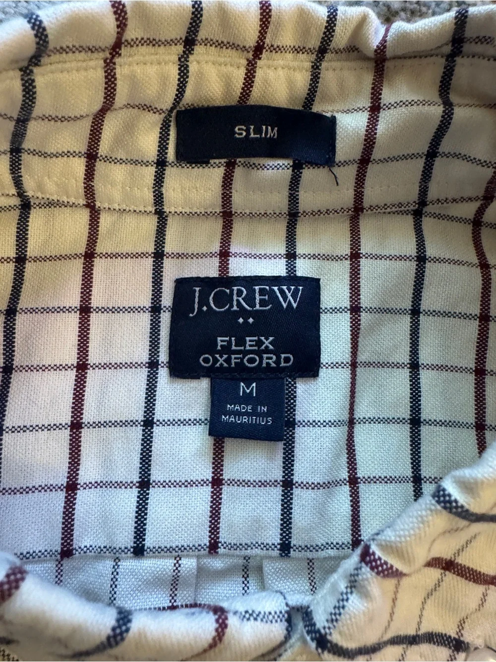 J. Crew Men’s Slim Fit White Button-Down Shirt with Navy & Maroon Grid